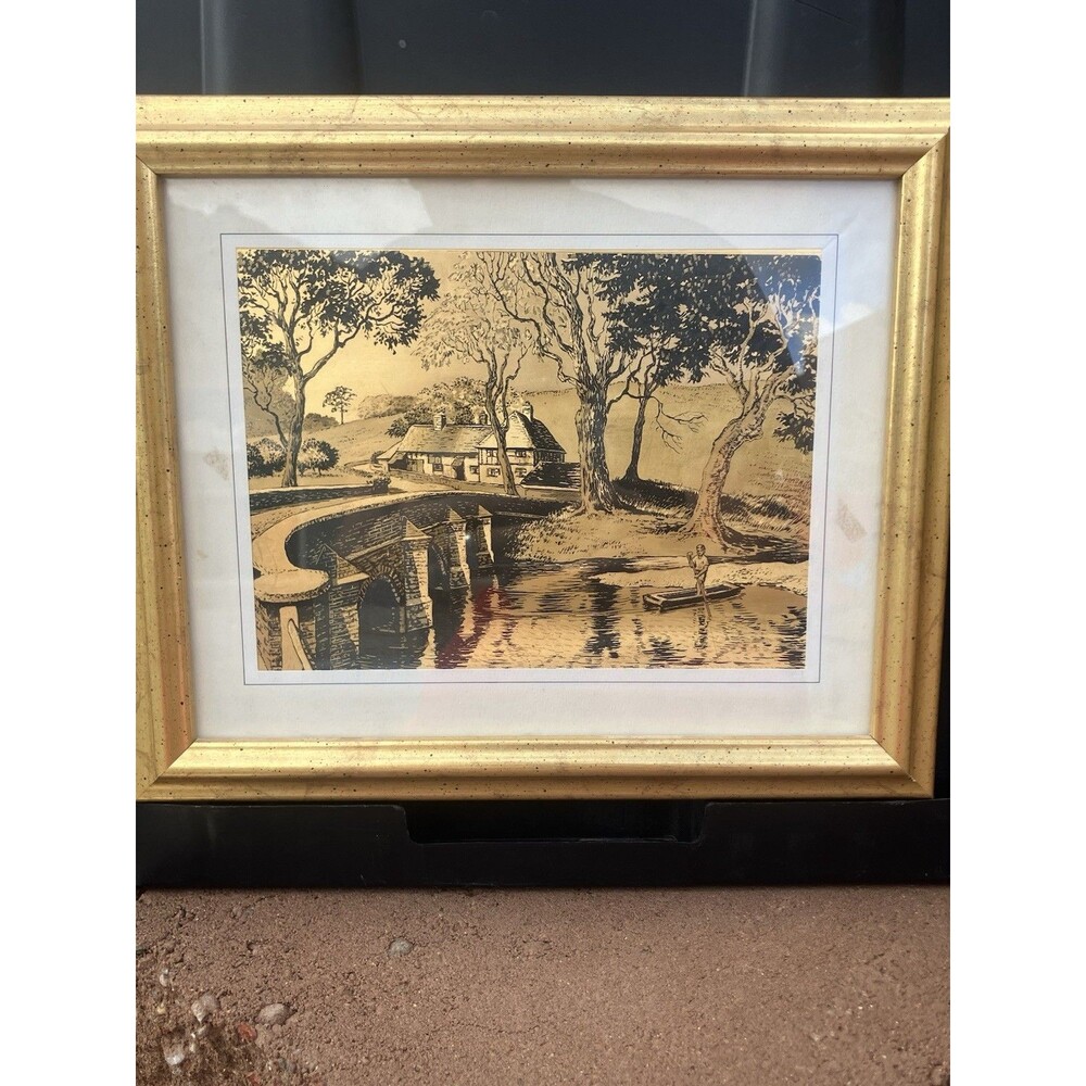 VTG Dufex Gold Foil Print Bridge Over River Fade England Framed 11.5”